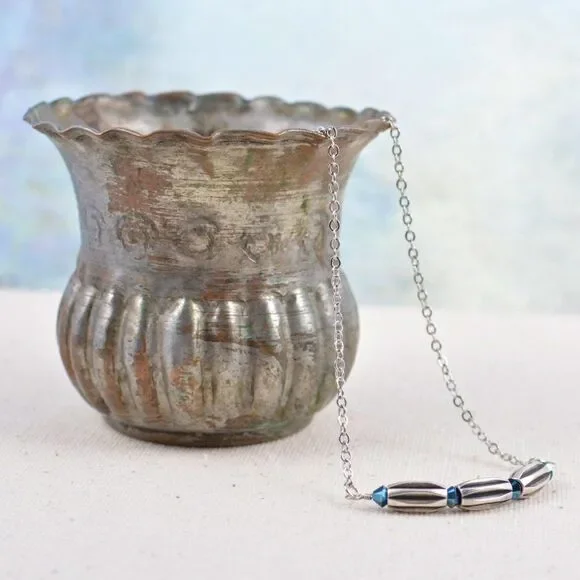 Blue Swarovski Dainty Silver Bar Necklace - Picture 2 of 4